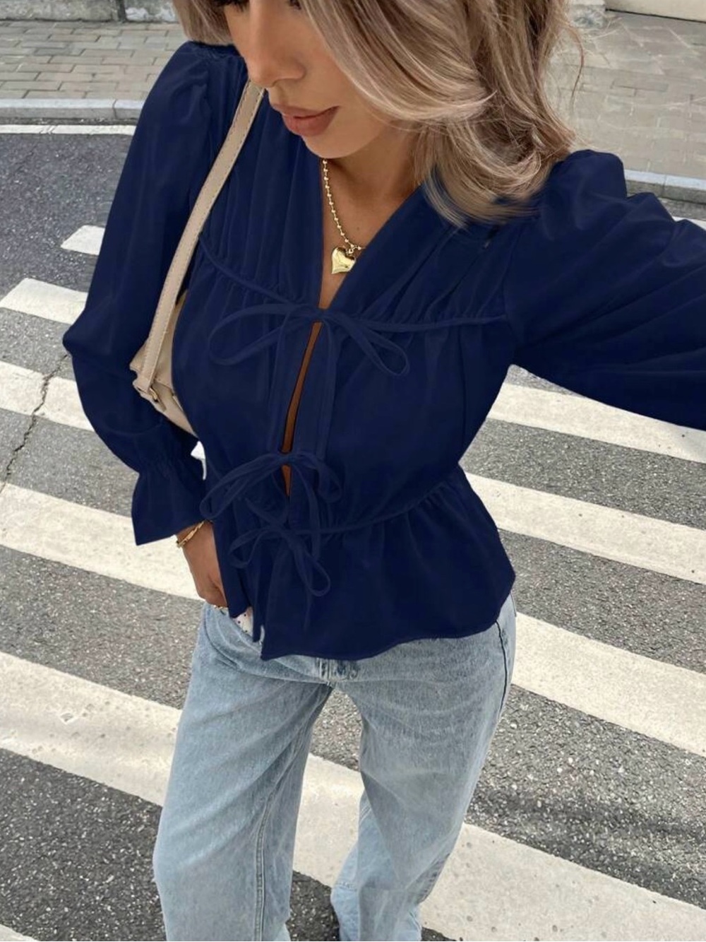 Navy Tie-Front Peplum Blouse - Women